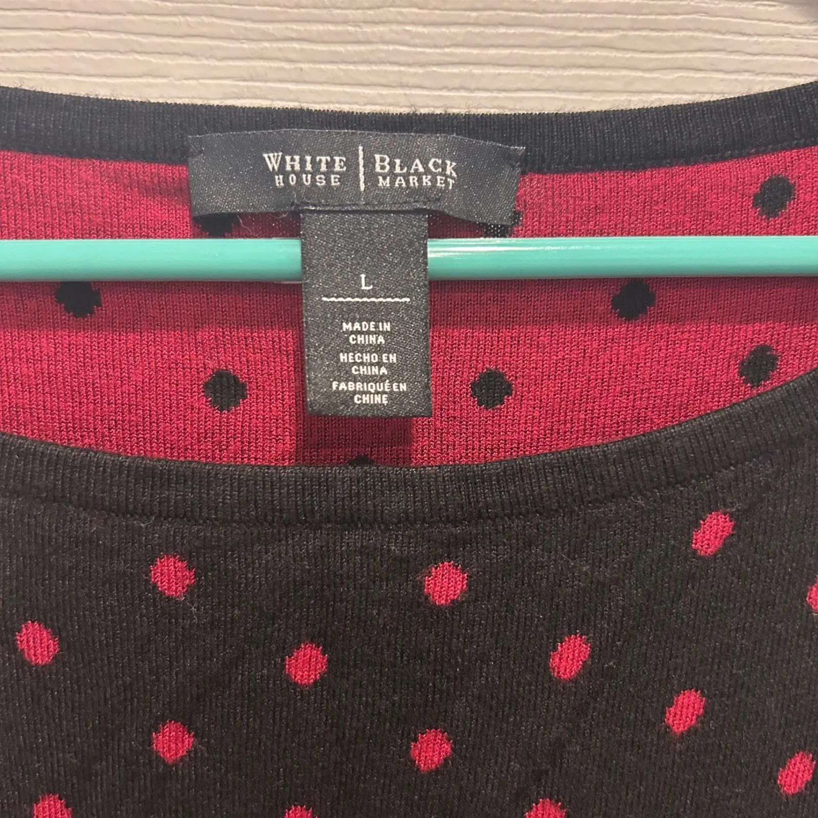 White House Black Market WHBM Black Red Polka Dot 3/4 Sleeve Knit‎ Top Large Mod - Image 3