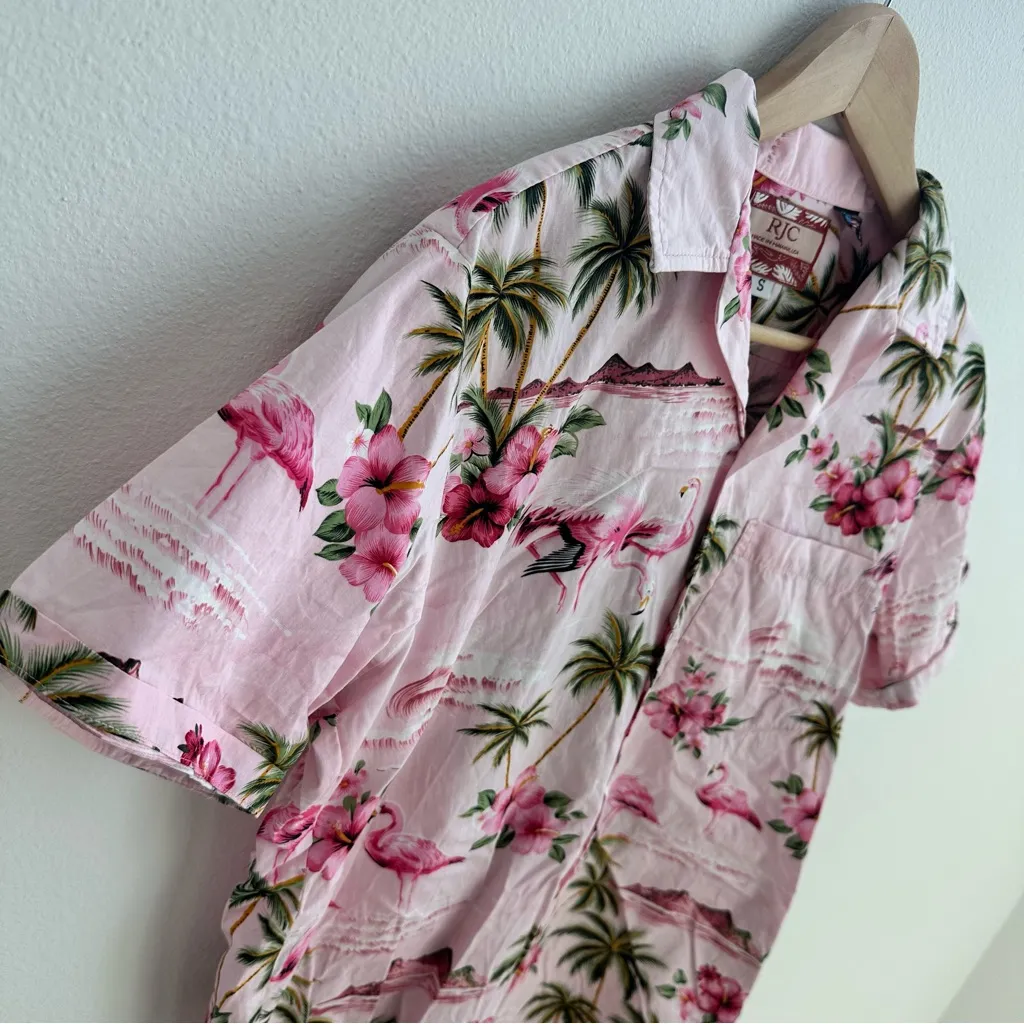 Pink Hawaiian shirt with flamingo and palm tree print - Image 6