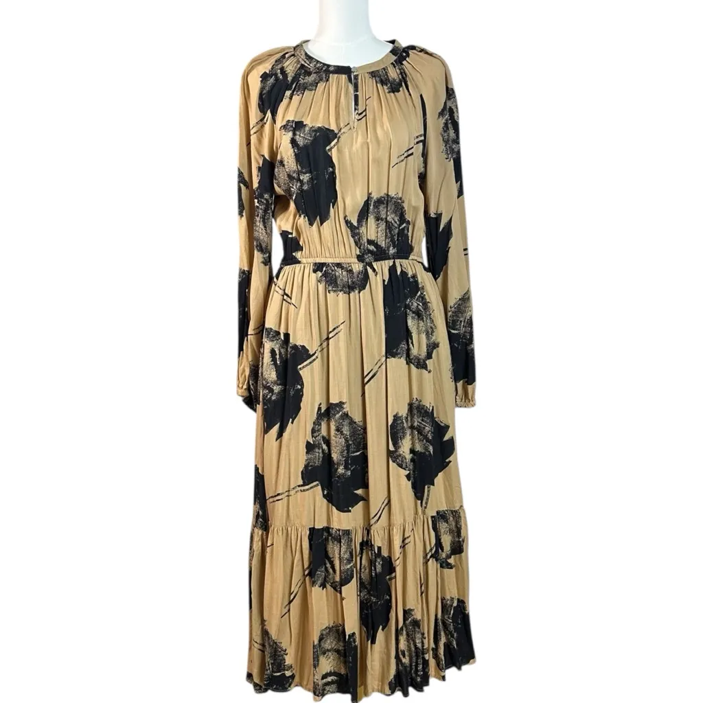 United Colors Of Benetton Black & Tan Floral Long Sleeve Midi Dress Size Large - Image 4
