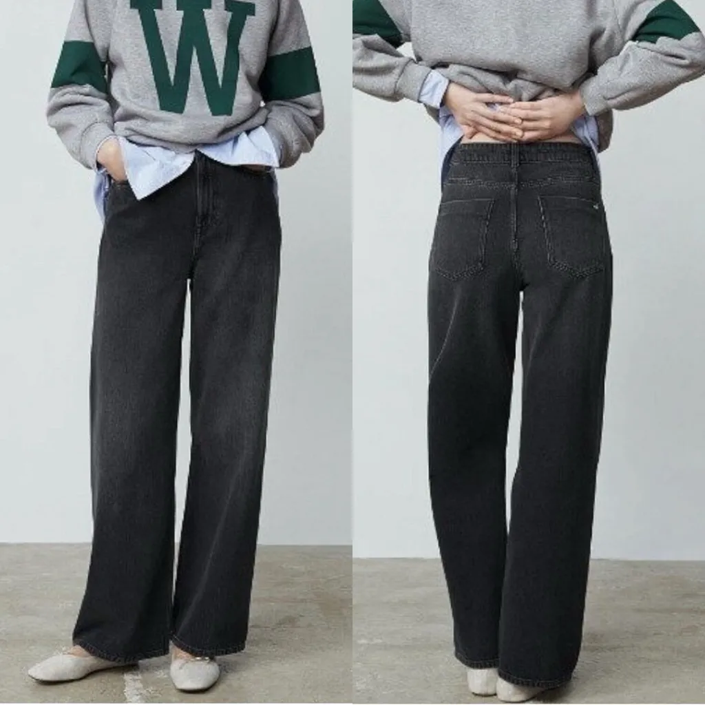 ZARA High Rise Wide Leg Cotton Denim Jeans in Washed Black Size 2 - Image 2