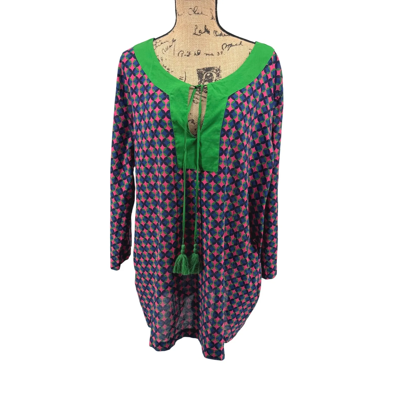 Kate Spade Geometric Print Tunic Swim Cover Up Green Pink Tassel L a Resortwear Size L - Image 2