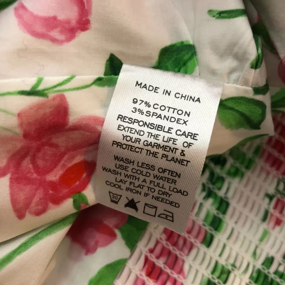 Hill House Womens The Isabella Top Crop Smocked Puff Sleeve Pink Roses White M - Image 5