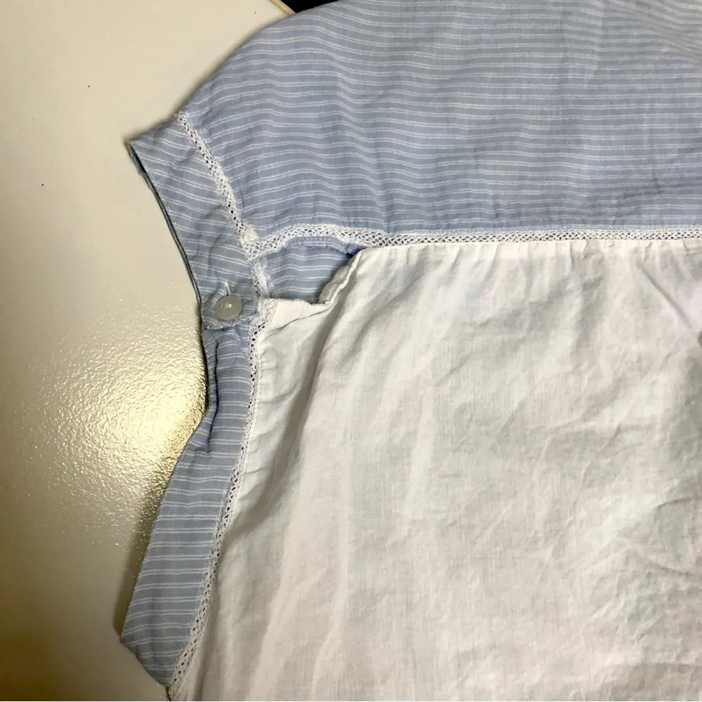 Sita Murt Blue Camp Top Tie Collar Top Soft Cotton Short Sleeve Retro Striped M - Image 11