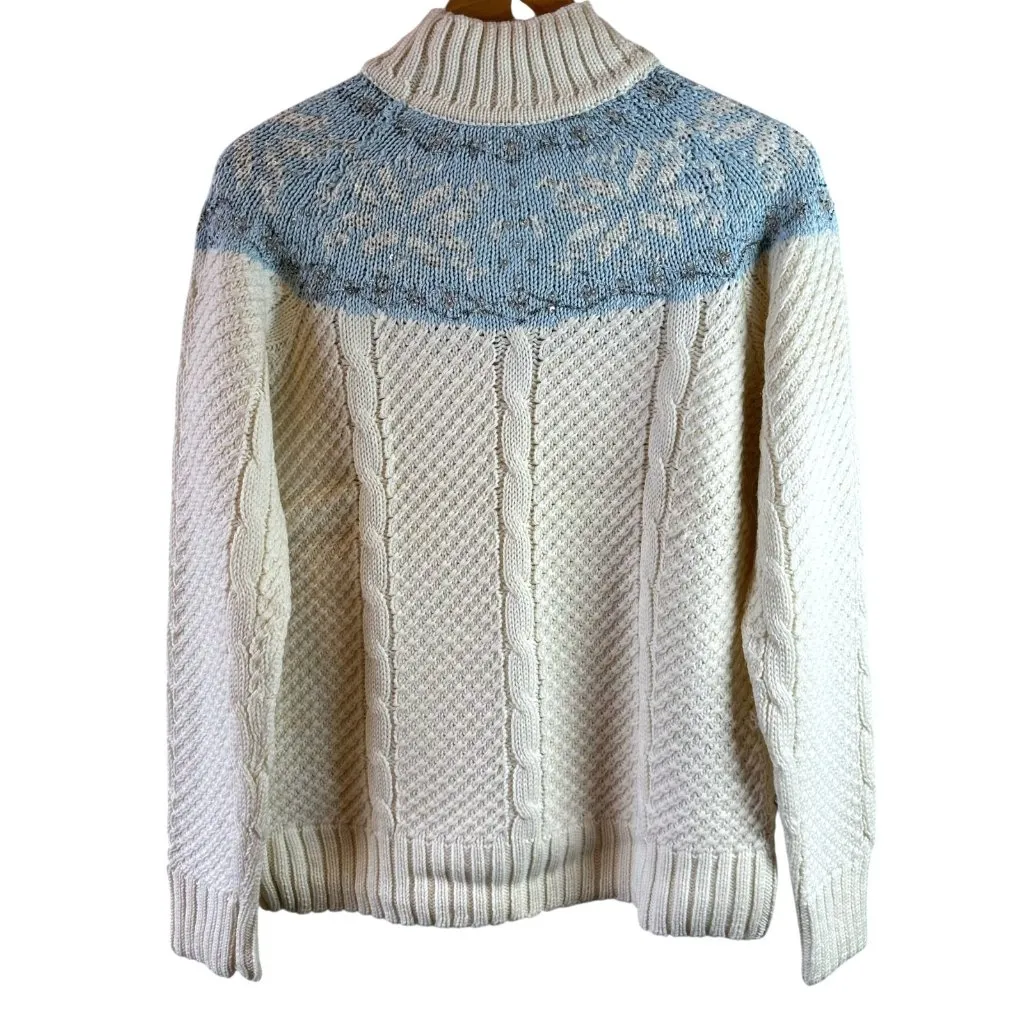 Ivory & Blue Fair Isle Cable Knit Turtleneck Sweater Size M Liz Claiborne - Image 5