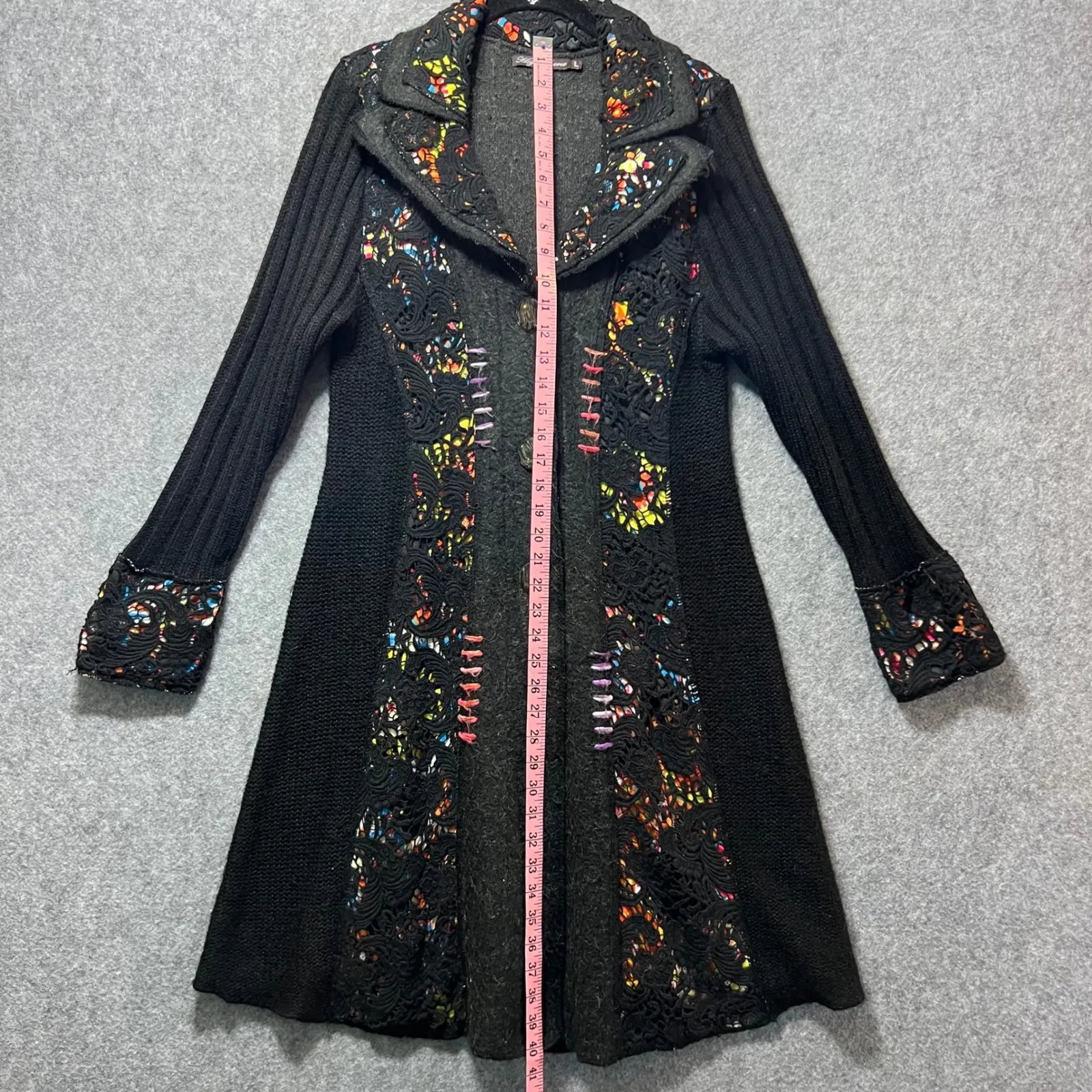 Artsy Mohair Wool Blend Jacket Boutique Coat Crochet Lace Detail‎ Large Boho Black - Image 8