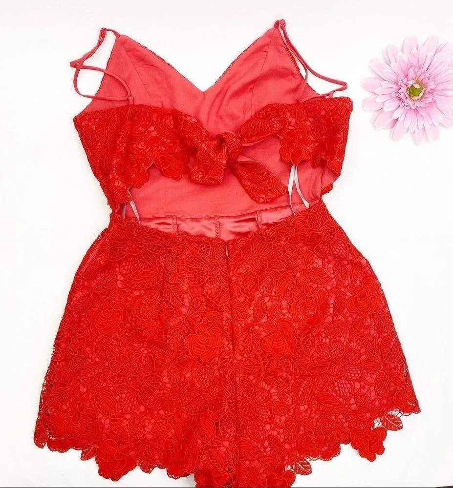 Lovers + Friends x Revolve Songbird Lace V-Neck Tie Back Romper: Red - Image 9
