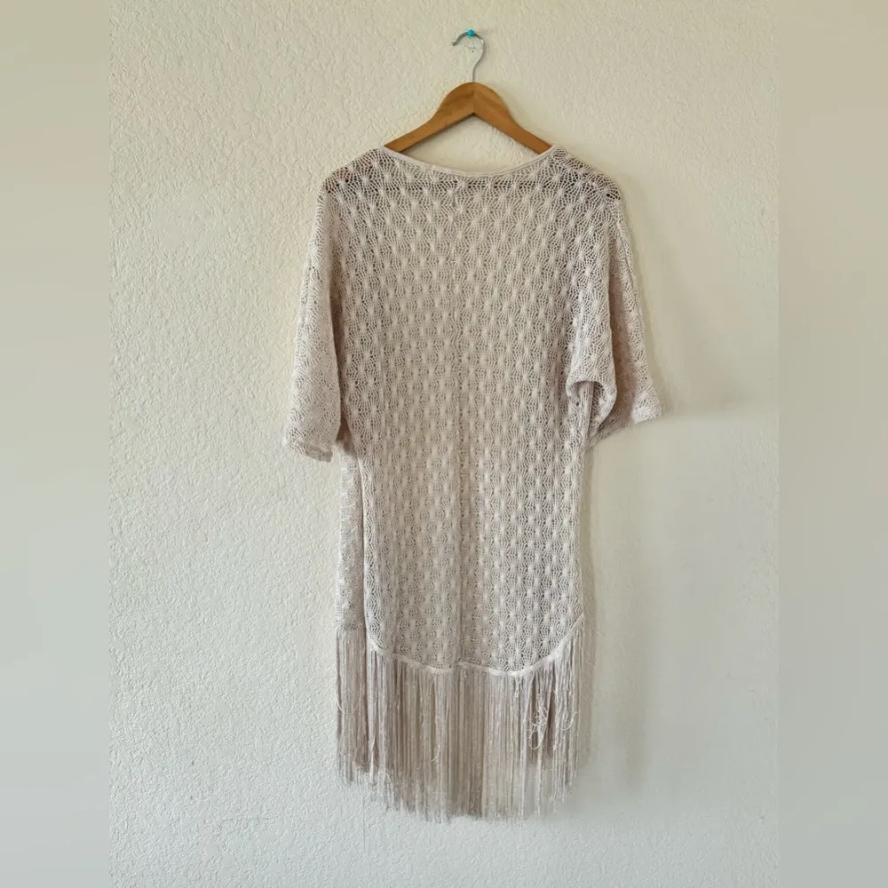 Liberty Love Womans Sz Small Cardigan Sweater Knit Open Front Fringe Trim Beige - Image 2