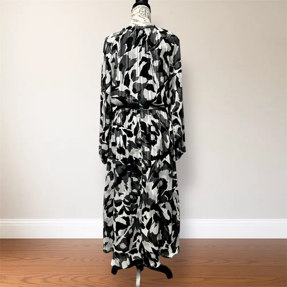 WHBM Black White Chiffon Belted Midi Dress Sheer Long Sleeve Cocktail Party S - Image 5