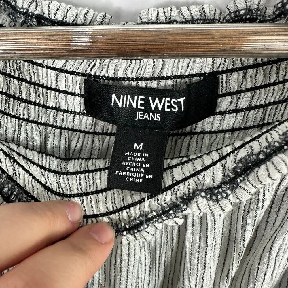 Nine West Top Womens M Striped Smocked Neck‎ Cotton Flutter Sleeve Quiet Luxury - Image 2