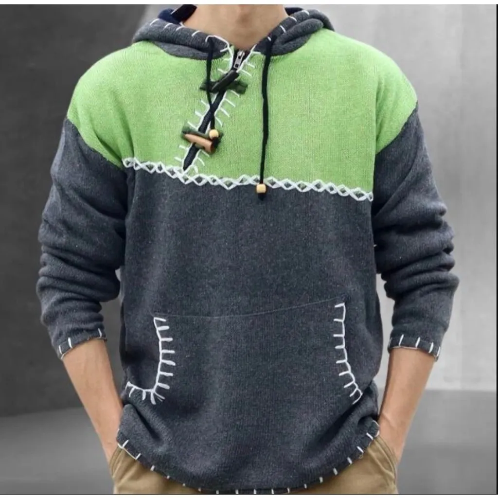 Gray Green Colorblock Hooded Sweater Pocket Beads Toggle Button Boho Asymmetric Size XL - Image 2