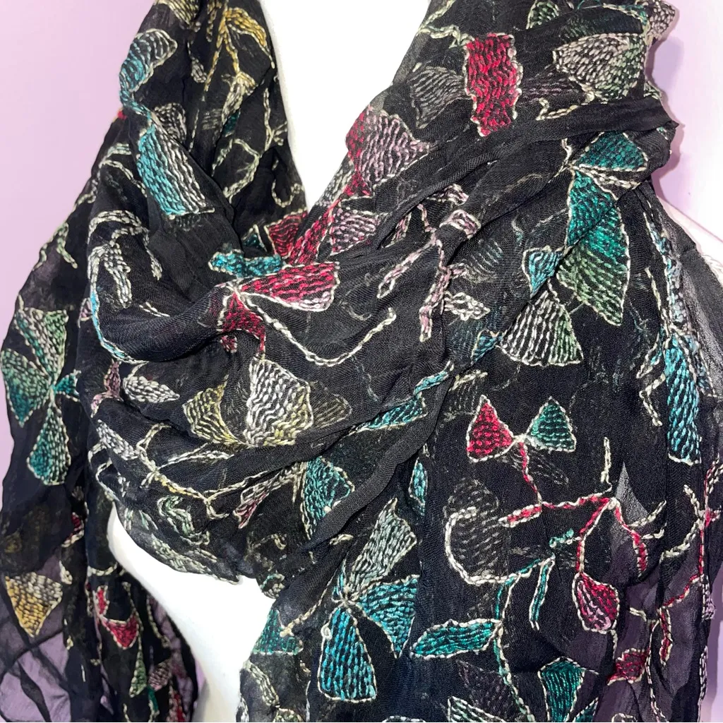 Embroidered Chiffon Georgette Large Scarf Rainbow Boho Preppy Eclectic Artsy Black - Image 3