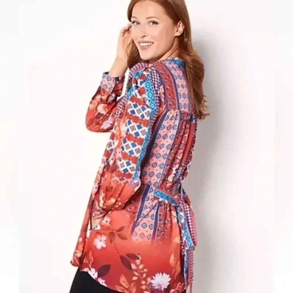 Tolani Collection Long-Sleeve Tunic Blouse with Tie Rust Bohemian Floral Size XS - Image 2
