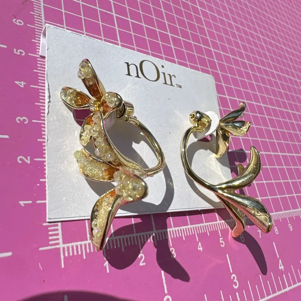 Noir earrings 2pc lock back gold tone orange yellow beads flowers adjustable - Image 4