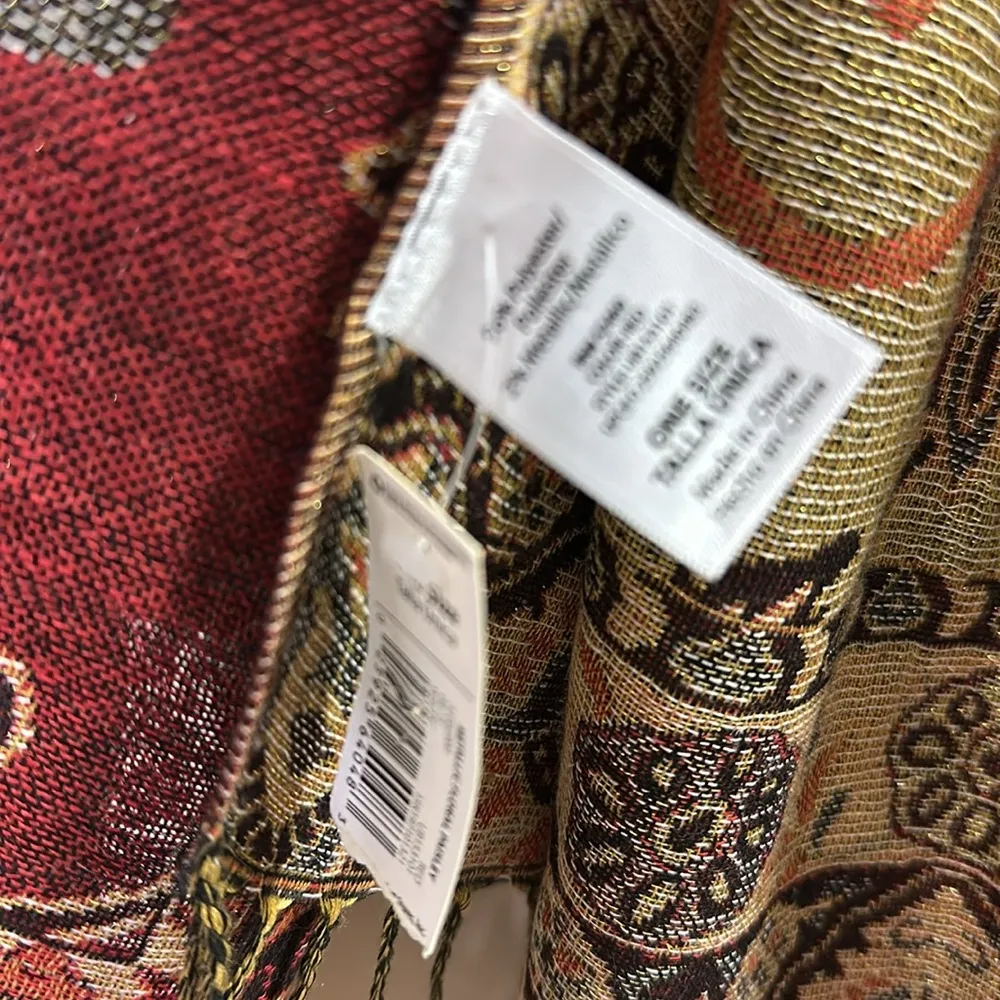 Burgundy Metallic Gold Paisley Print Wrap Scarf Pashmina Sarong Tapestry Fringed Red - Image 5