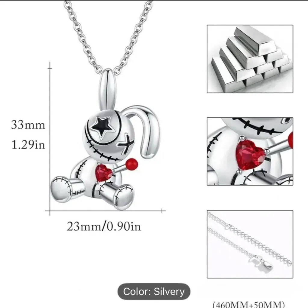 Gothic Style Voodoo Doll Bunny Inspired Necklace Whimsigoth Horror Movie Fashion Silver - Image 4
