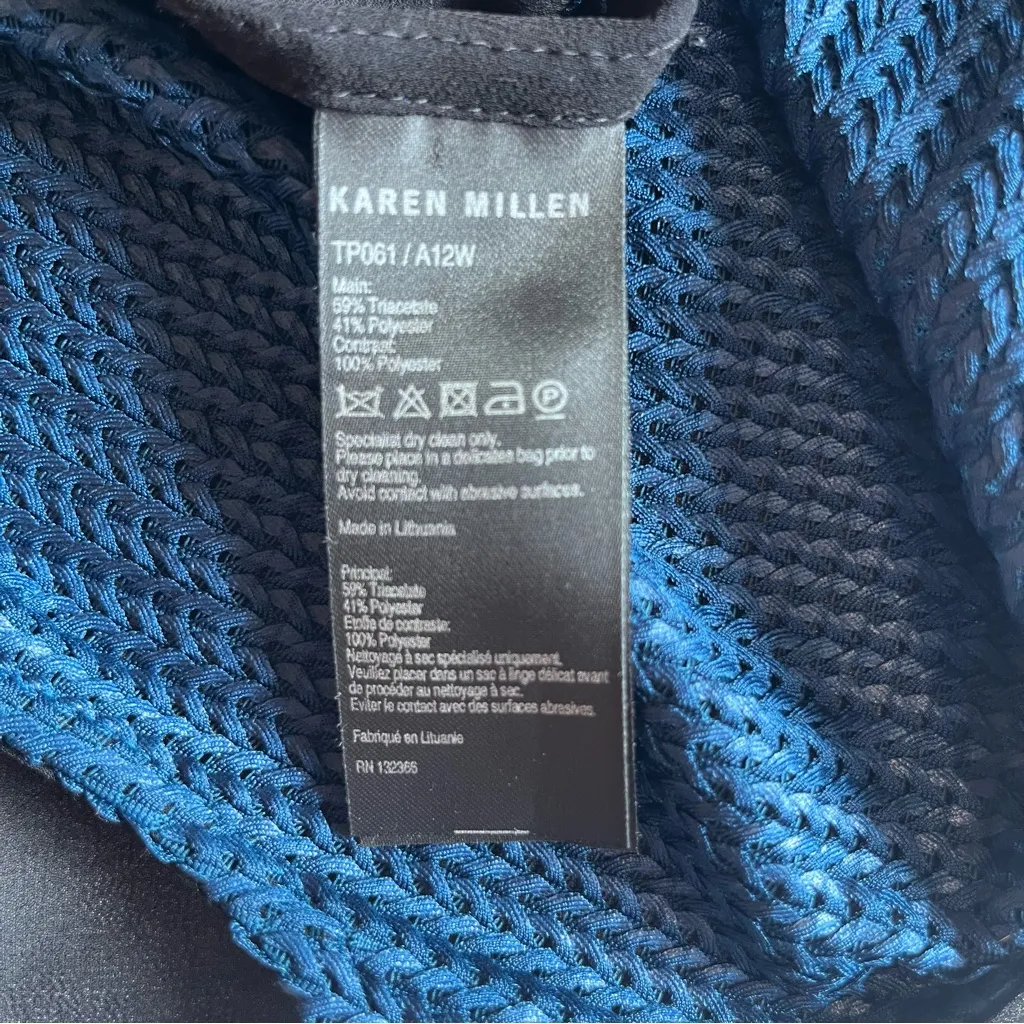 KAREN MILLEN Mock Neck Woven Sheer Back Sleeveless Top Blue & Black Size 4 - Image 4