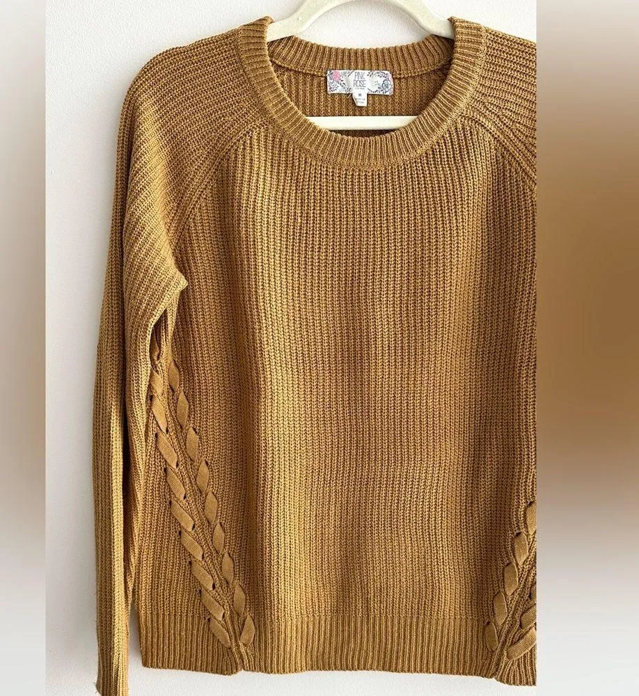 Pink Rose Gold Cable Knit Sweater, Crewneck Sweater, Size Medium - Image 5