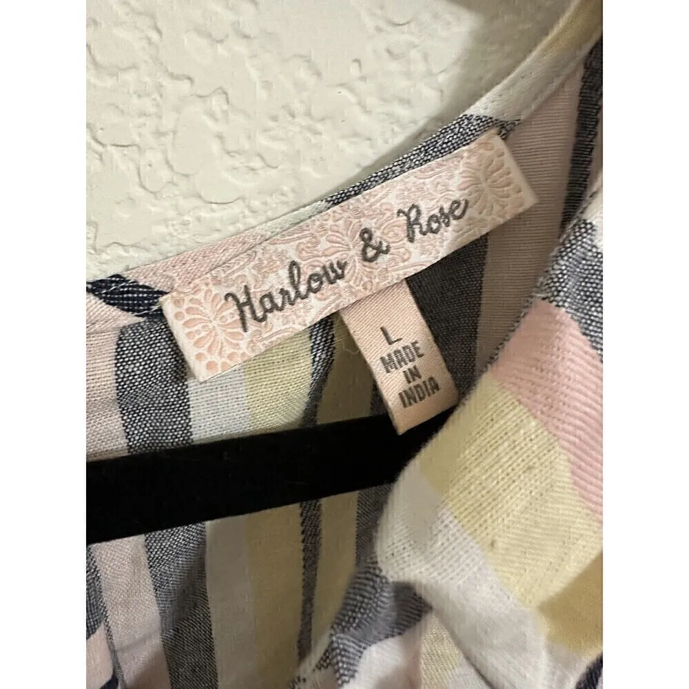 Harlow & Rose Dress Size Large Womens Cotton Linen Blend Sleeveless Striped Belt Blue - Image 3