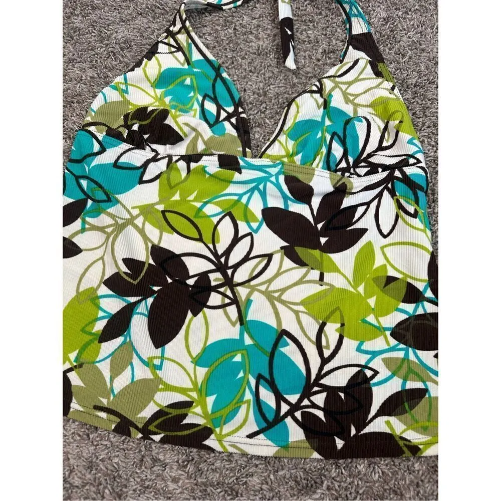 vintage y2k body i.d. ribbed tankini swim halter top retro groovy leaf print S/M Brown Size M - Image 3