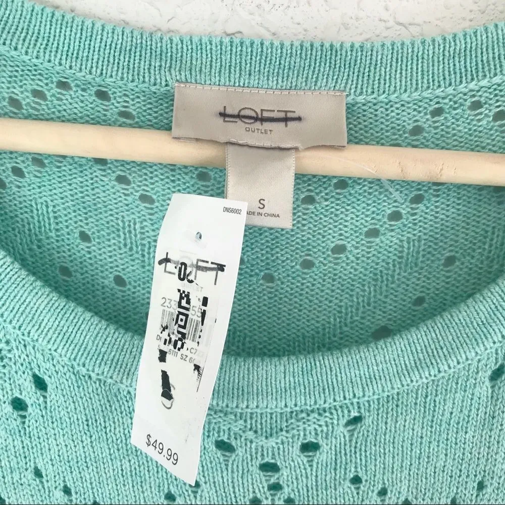 LOFT Turquoise Aqua Pointelle Sweater Pullover Blouse Long Bell Sleeve Small New - Image 6