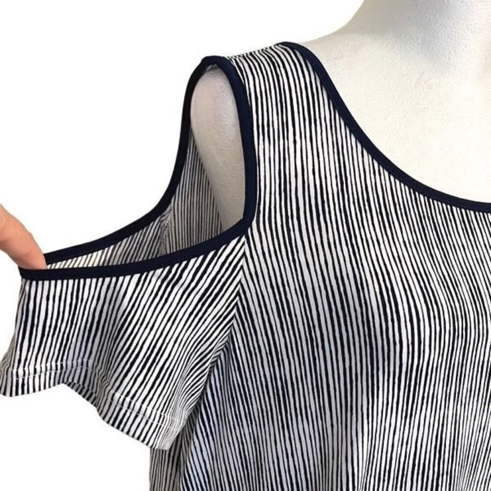 ELLE Women's Shift Dress Cold Shoulder Short Sleeve Striped Midi Large Navy Blue - Image 3