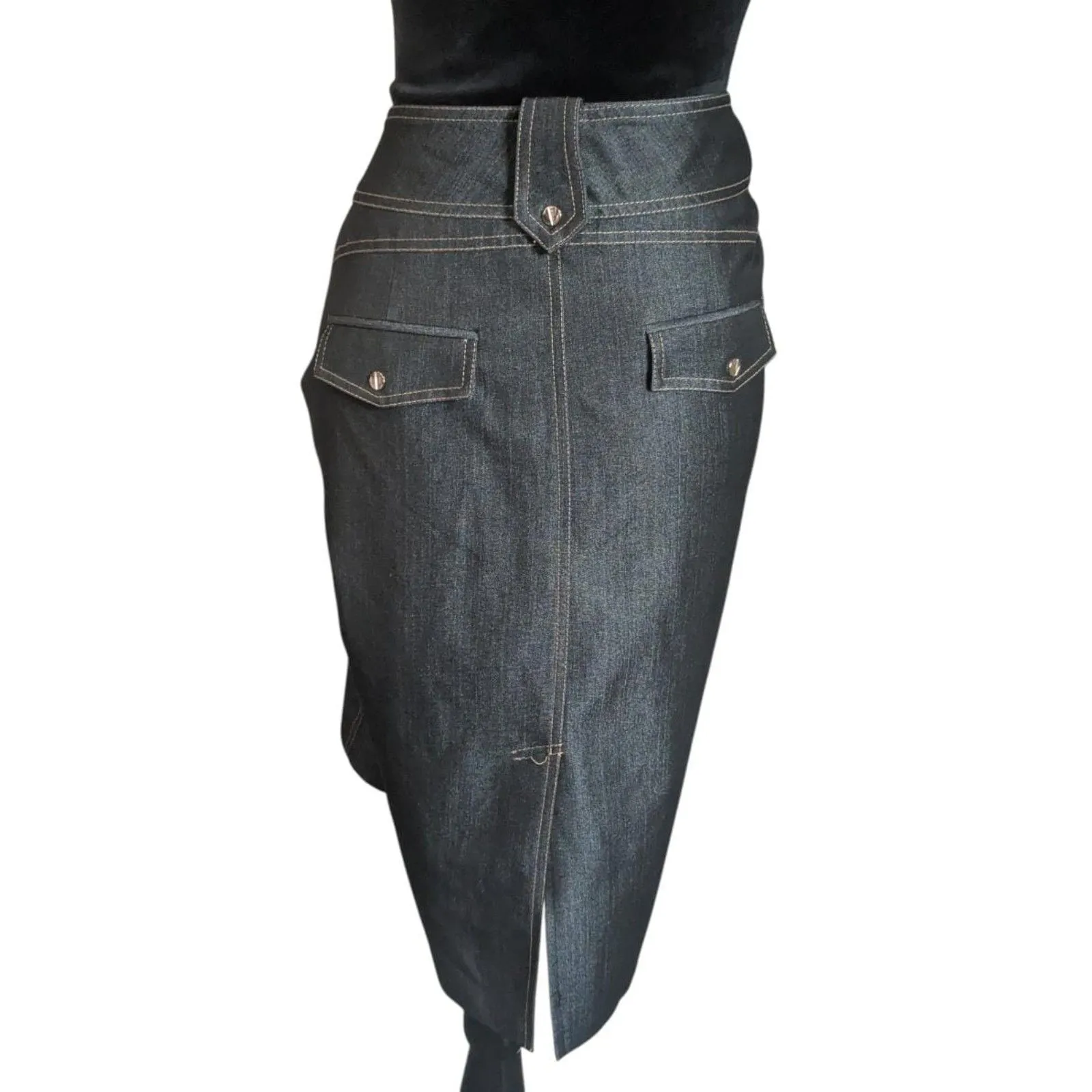 CACHE CONTOUR Dark Wash Denim Midi Pencil Skirt Size 12 Vintage 90s - Image 5