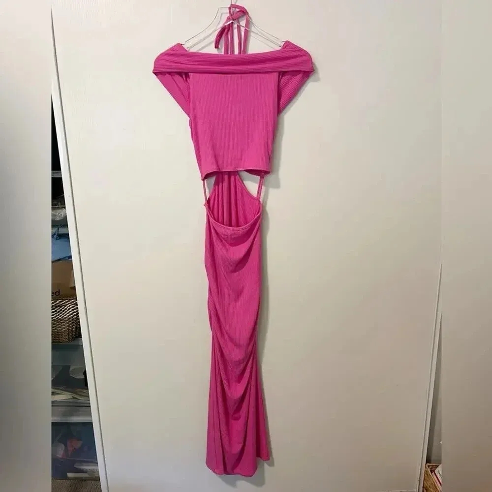 JONATHAN SIMKHAI NWT Akane Shaping Rib Off Shoulder Cutout Halter Tie Dr…‎ Pink - Image 6