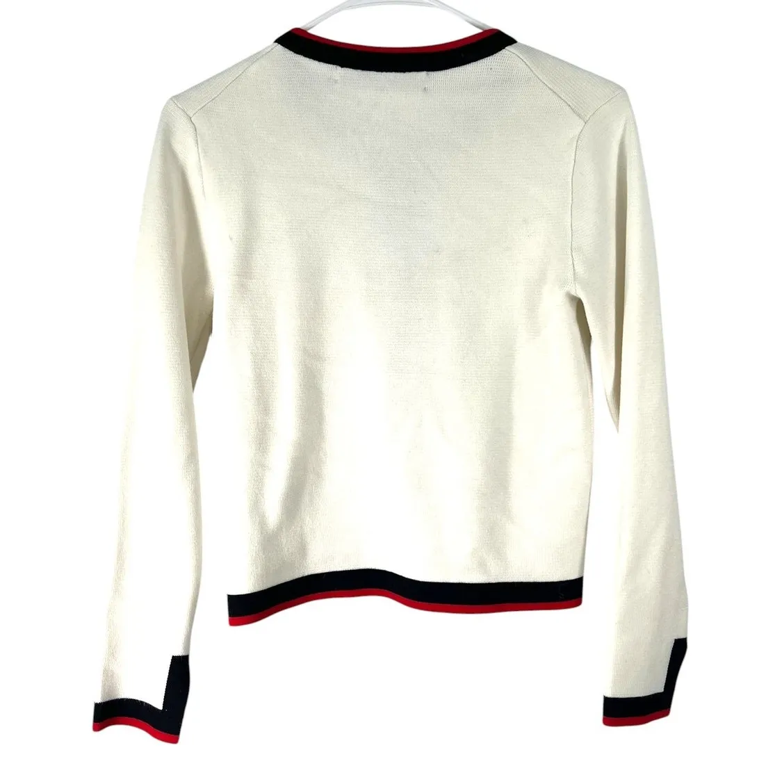 ZARA S Knit Pearl Cardigan V White Stripe-Trim Red Blue Sweater Cropped Classic - Image 4