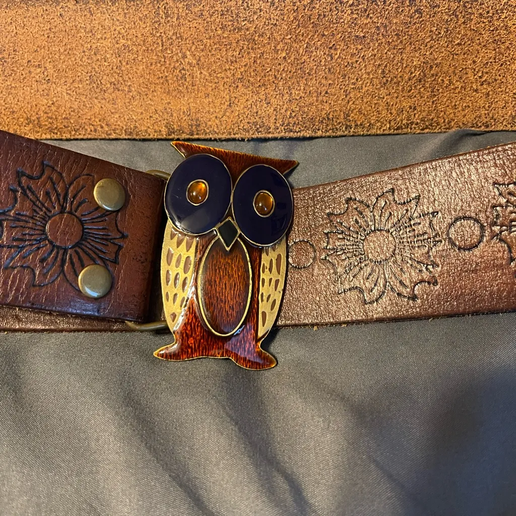HOLLISTER VTG Tanned-Brown Leather OWL Buckle Belt Medium 40” - Image 4