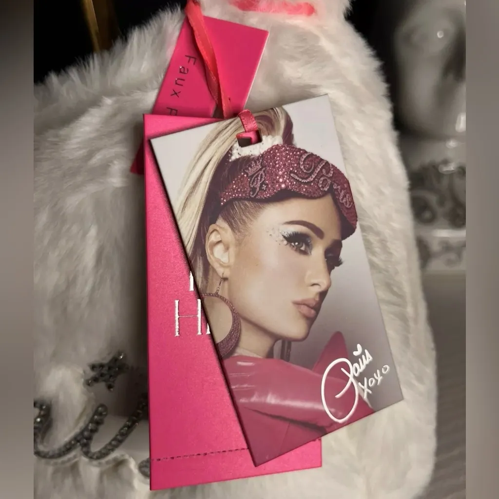 Paris Hilton White Faux Fur Shoulder Bag Rhinestone Paris Logo Hobo Purse NWT - Image 6