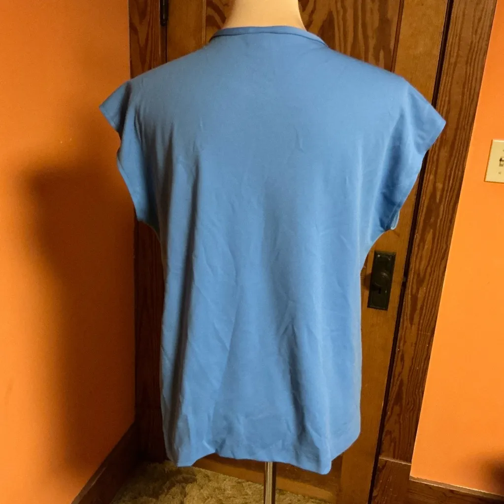 Vintage 70s blue polyester embroidered flowers v neck top Size XL - Image 9