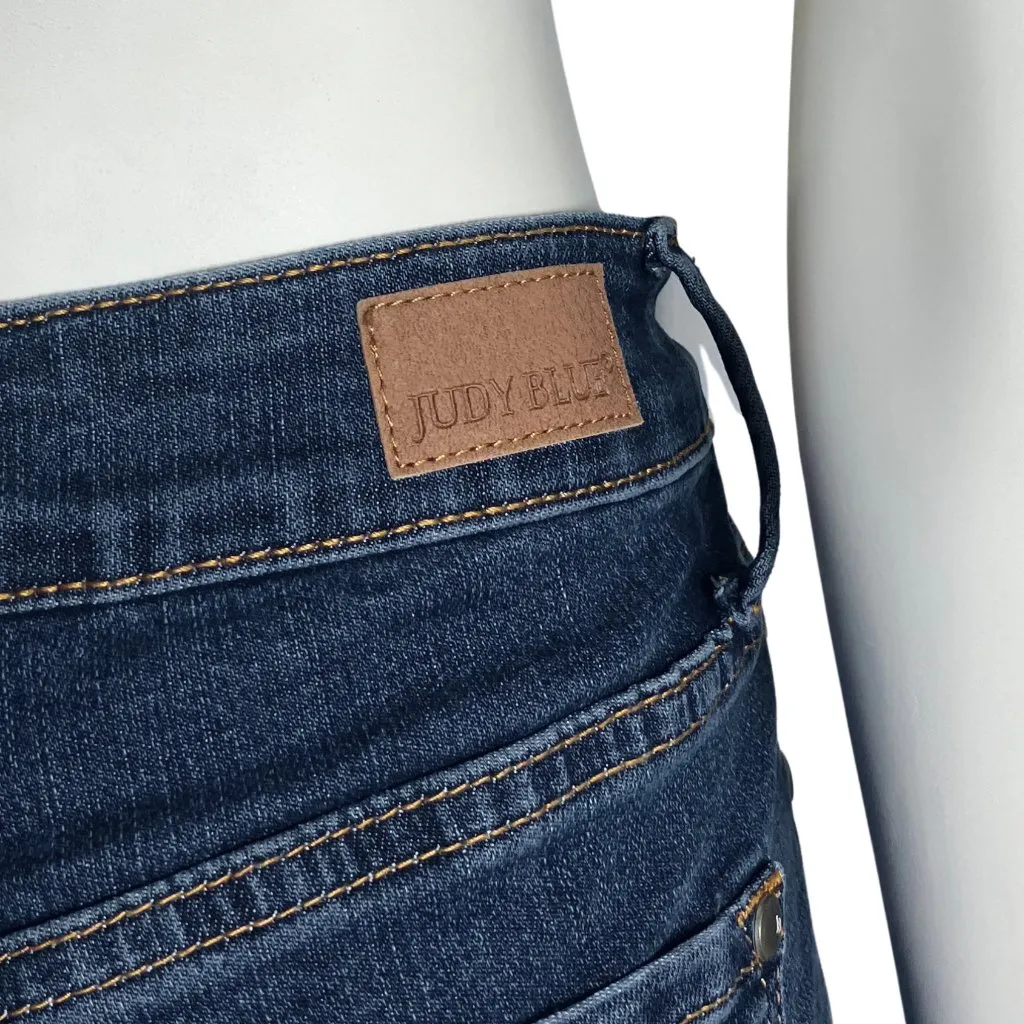 Judy Blue High Rise Flare Medium Dark Wash Jeans Tummy Control Raw Hem Sz 7 28 - Image 13