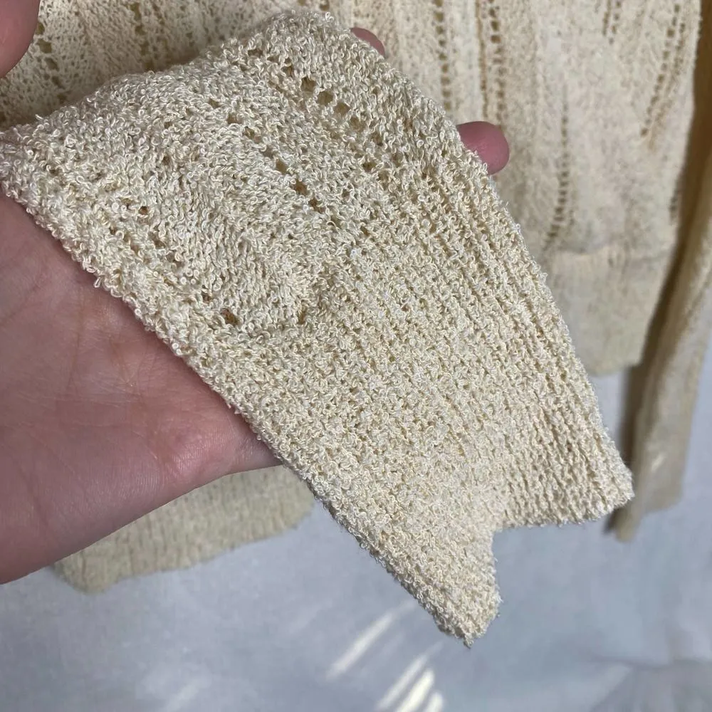 ASTR The Label Faux Wrap Pointelle Ribbed Open Knit Sweater V-Neck Cream XL - Image 5