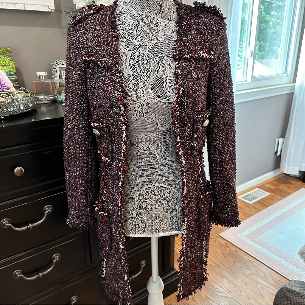 Zara Basic Tweed Longline Coat Jacket XS Black Red Fringe Bouclé - Image 2