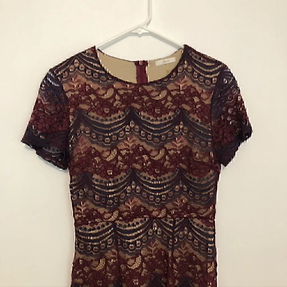 SOPRANO Burgundy Maroon Red Navy Blue Floral Lace Short Sleeve Fit Flare Dress S - Image 2