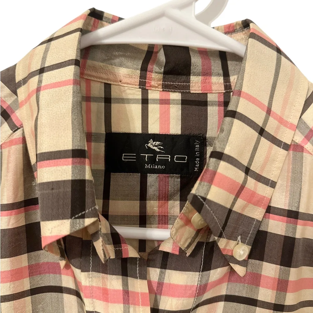 ETRO Vintage Plaid Silk Button Down Longsleeve Top IT42 US8 Pink Size 8 - Image 5