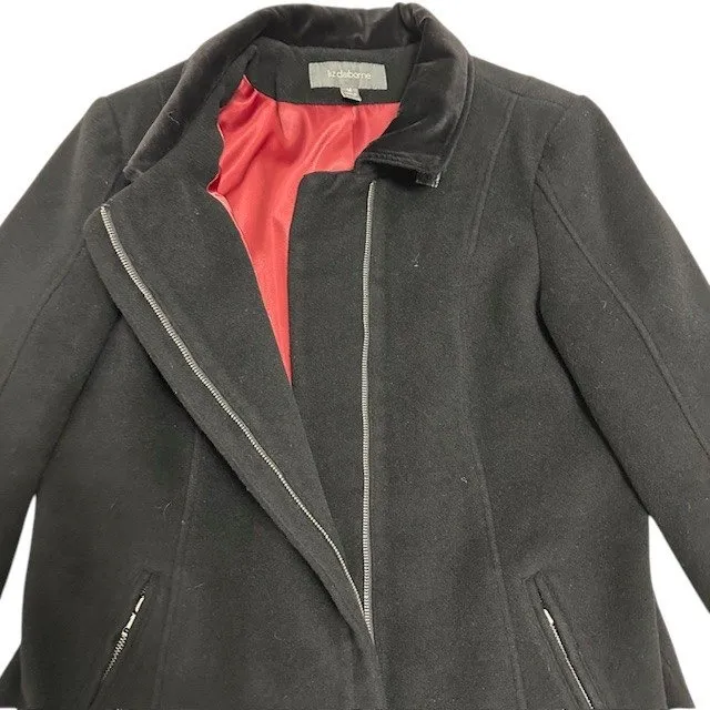 Liz Claiborne Classic Black Wool Blend Coat with Zip‎ Pockets Red Lining Size 14 - Image 6