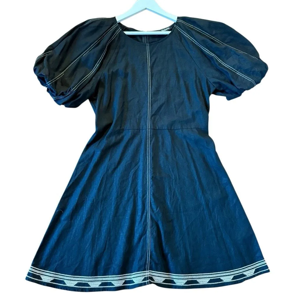 En Saison black embroidered puff sleeve exposed stitching dress large - Image 9