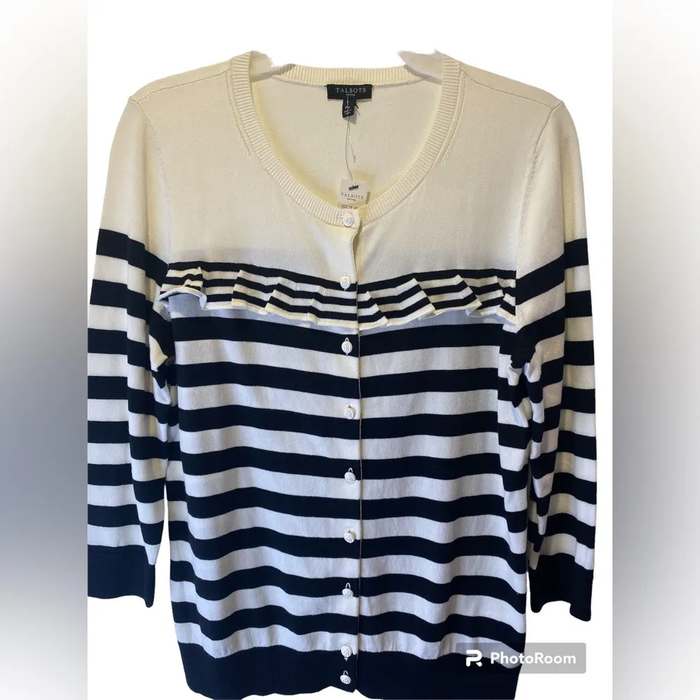 Talbots Black White Striped Button Up Cardigan Sweater  size Mp - Image 3