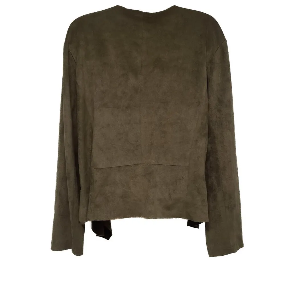 Suede Draped Waterfall Open Front Cardigan Cropped Jacket Olive Green Umgee - Image 3