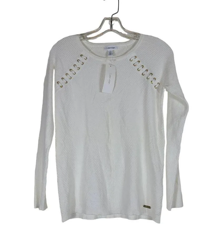 NWT Calvin Klein Ribbed Long Sleeve Riveted Lace Up Detail Sweater Size Small - Image 2
