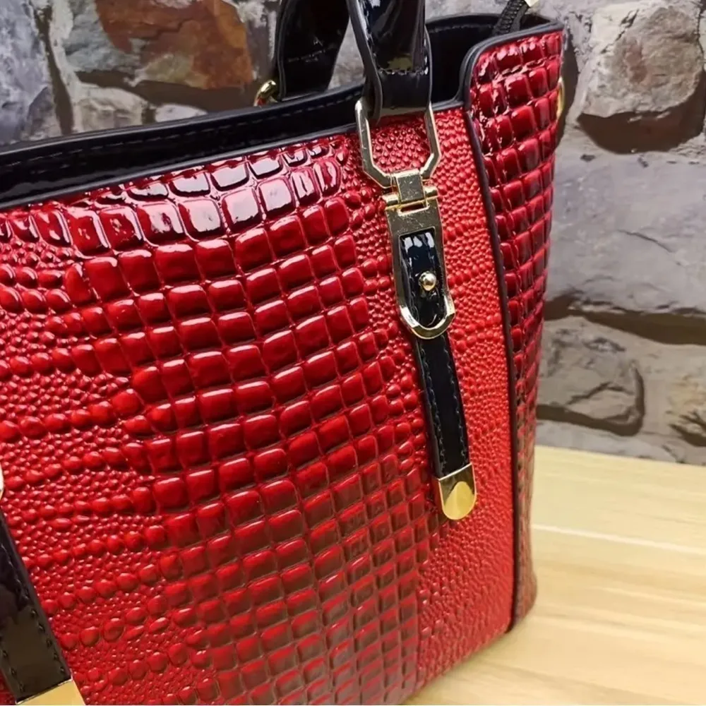 2pcs/Set Crocodile Leather Tote Bag w/Zipper Closure and Detachable Clutch NWT Red - Image 8