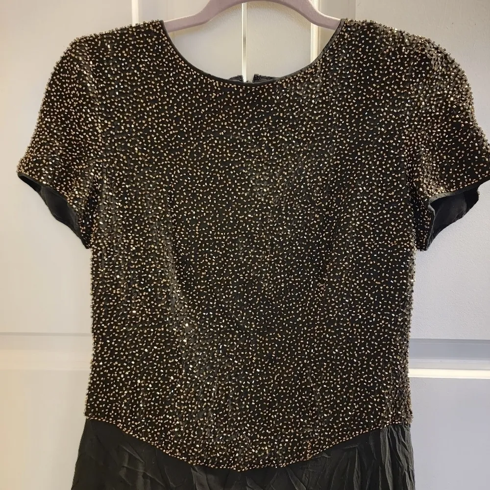 Vintage Bieff Basix Black Silk Short Sleeve Retro gold Beaded Midi Dress 6 - Image 2