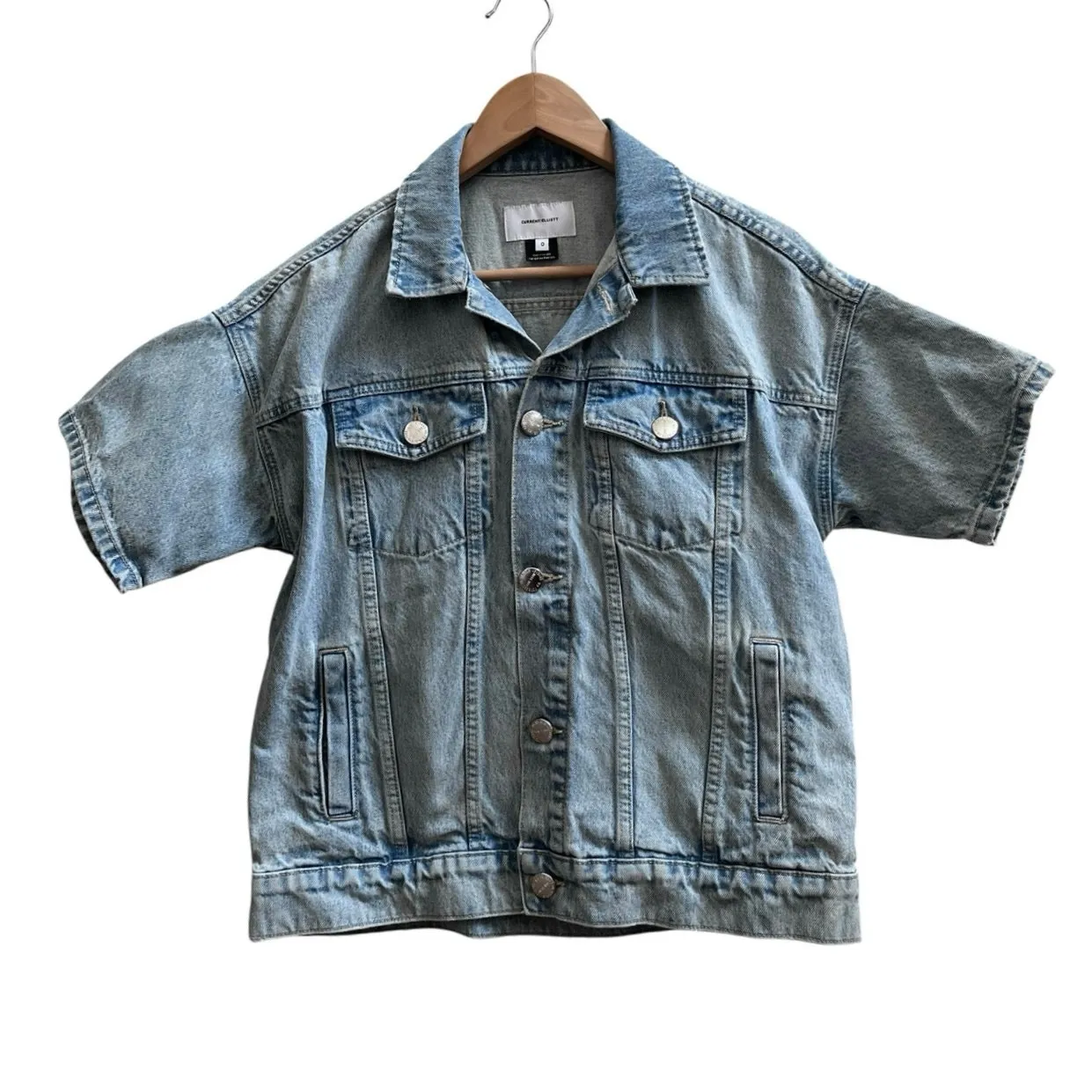Current Elliot Rolled Short Sleeve Denim Trucker Jacket Oversized Size 0 USA Blue - Image 12