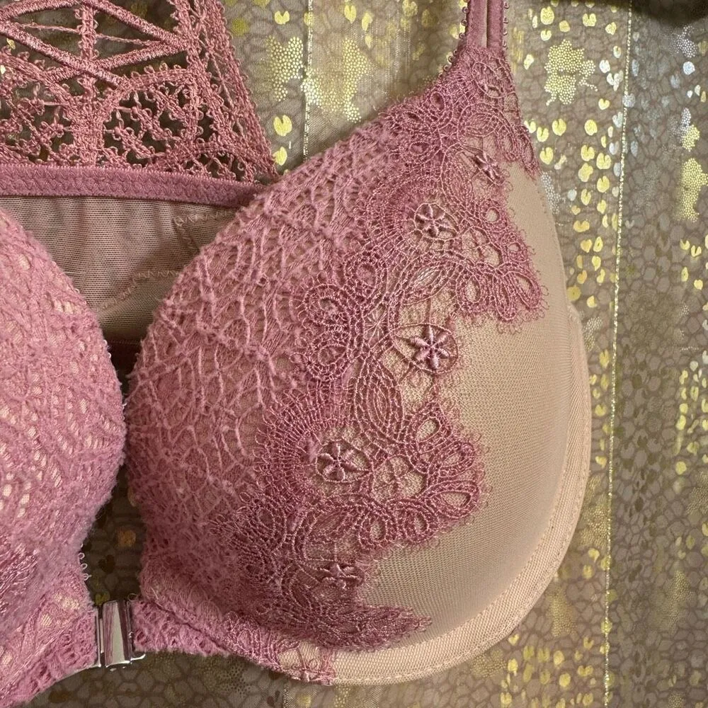 Victorias Secret Dream Angels Mauve Pink Lace Racerback Front Clip Bra 32D - Image 4