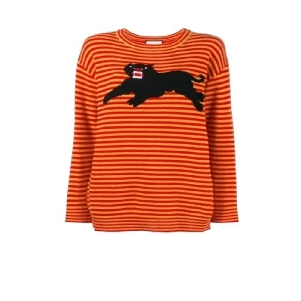Gucci Red & Yellow Intarsia Wool Puma Knit Striped Crewneck Sweater Size M NWT - Image 11