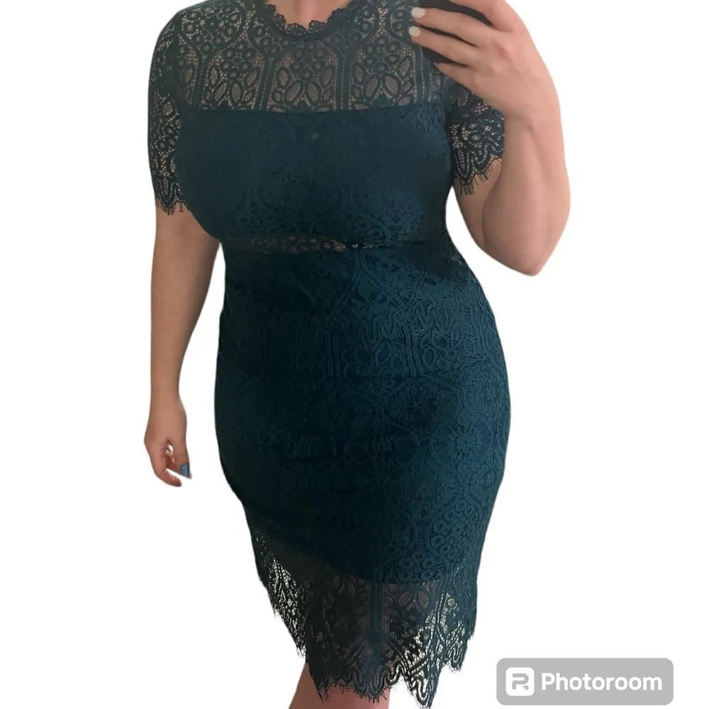 ✨Lulus Remarkable Forest Green Sheer Lace Short Sleeve Mini Sz Large Dress✨ - Image 9