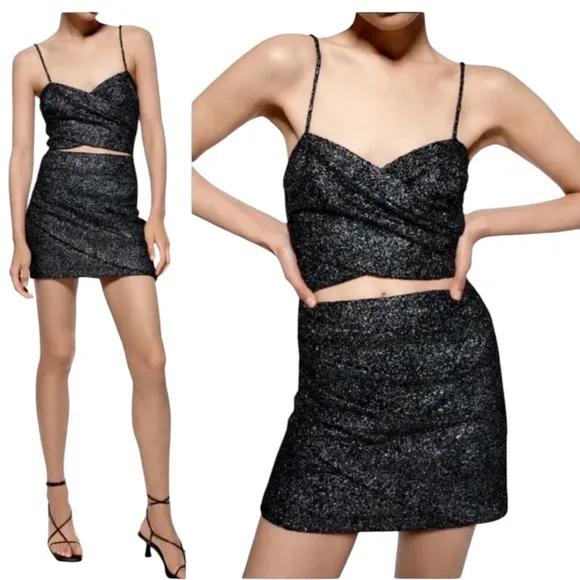 NWT Zara Cut Out Multicolor Sparkle Glam Mini Dress Black Silver Size XS - Image 2