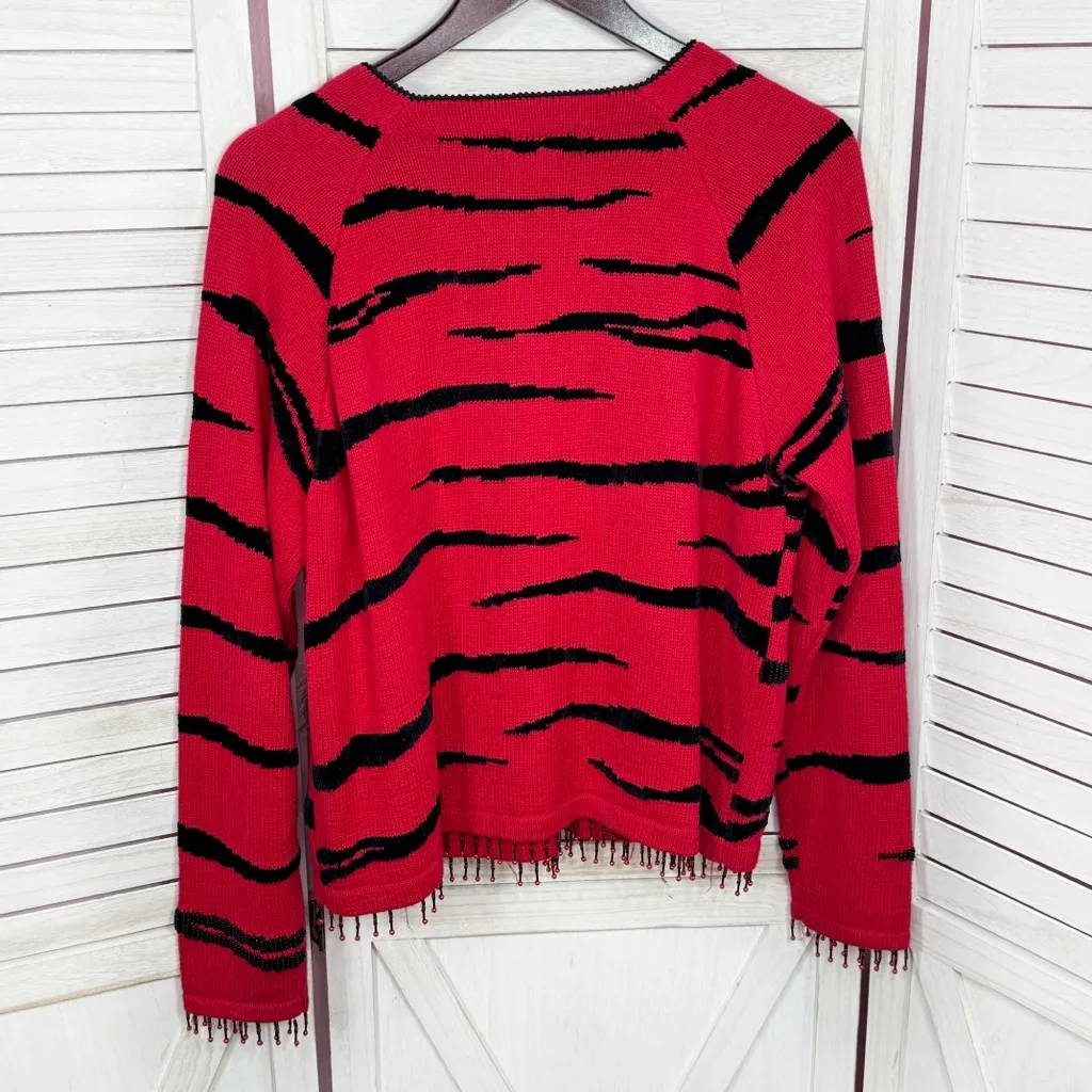Vintage 90s Berek Beaded Tiger Stripe Cardigan Sweater Red Black Medium - Image 8
