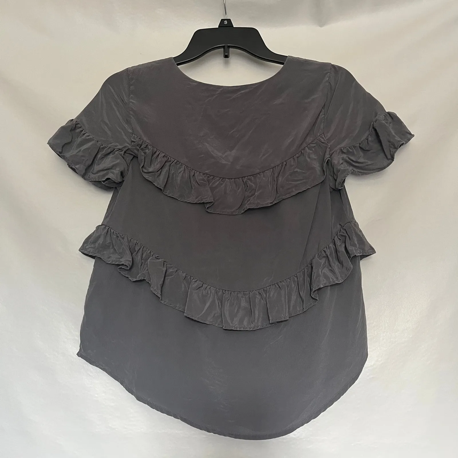 HD in Paris 100% Silk Ruffle Womens Top XS Romantic Cottagecore French Gray - Image 6